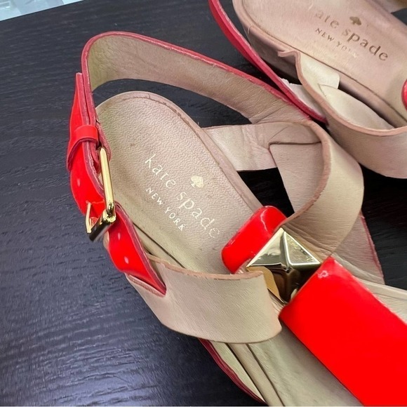 KATE Spade New York Sandals Neon Orange Patent Leather Gold Studs Size 8 - Picture 10 of 13